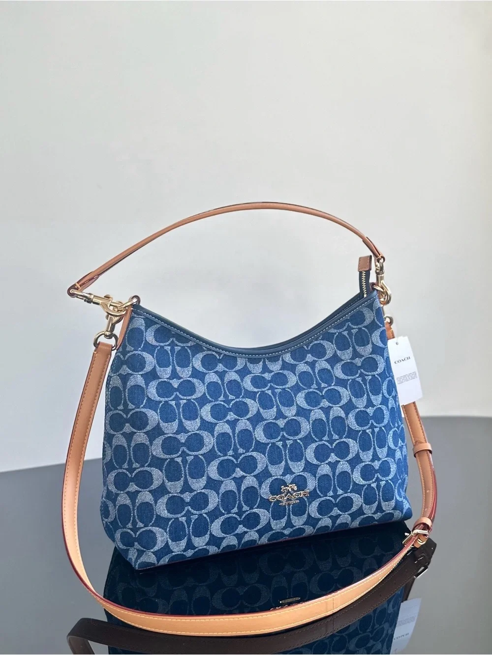 Coach Blue Signature Denim Shoulder Hobo with Tan Leather Strap